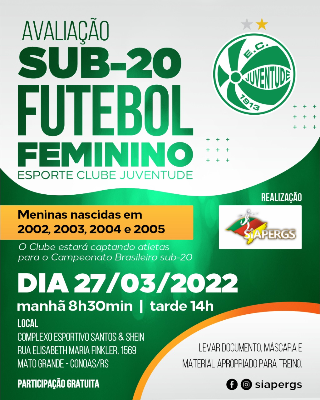 Juventude participará de avaliação para o futebol feminino em Canoas