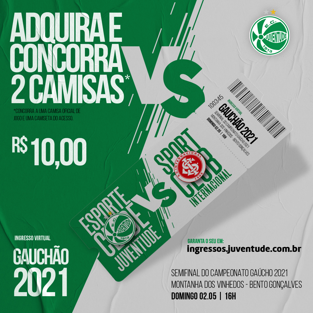 Adquira seu ingresso virtual para a partida entre Juventude x Inter e concorra a duas camisas e um kit exclusivo do Verdão