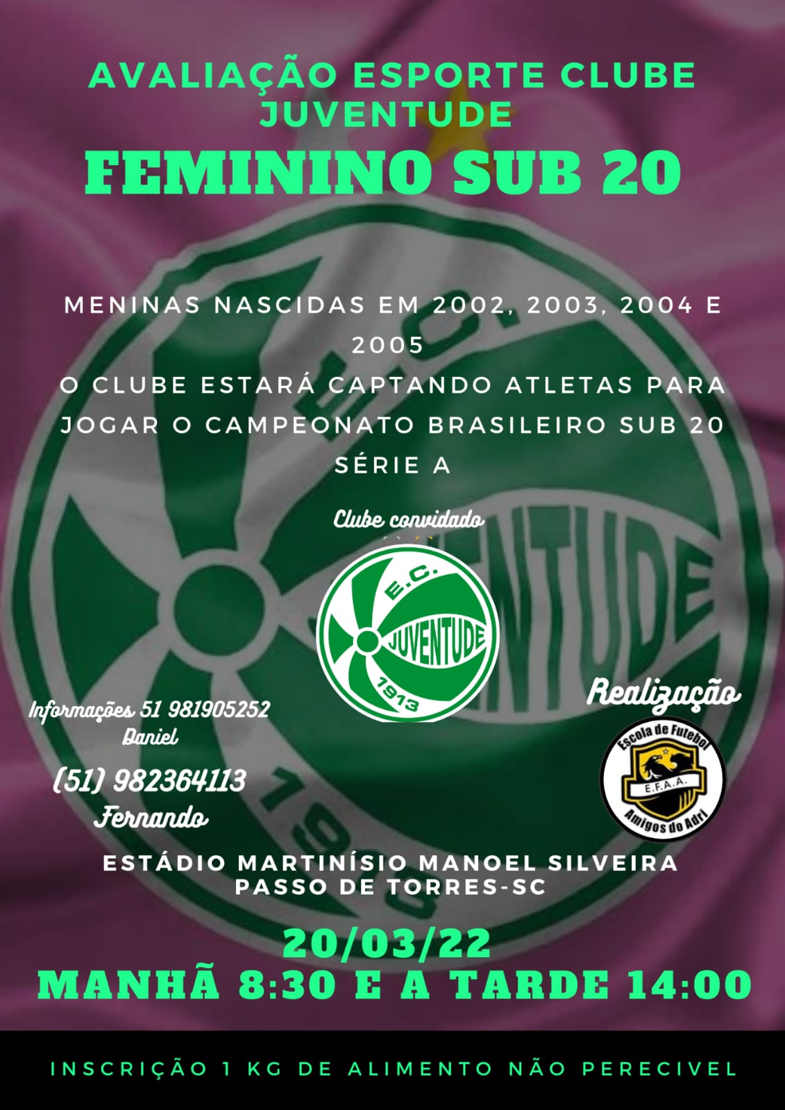 Juventude participará de avaliação para o futebol feminino em Passo de Torres (SC)