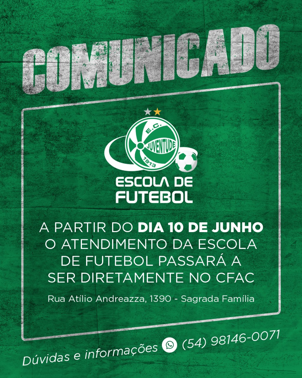 Secretaria da Escola de Futebol do Juventude transfere o atendimento para o CFAC